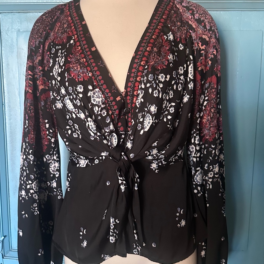 Free People Red and Black Tie Front Blouse